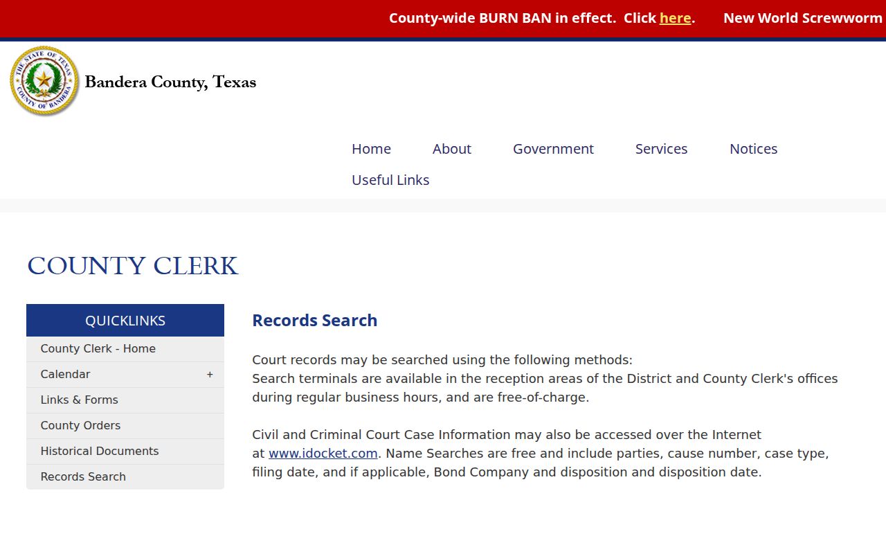 Bandera County Clerk page describing free name searches, public terminals, and case result fields