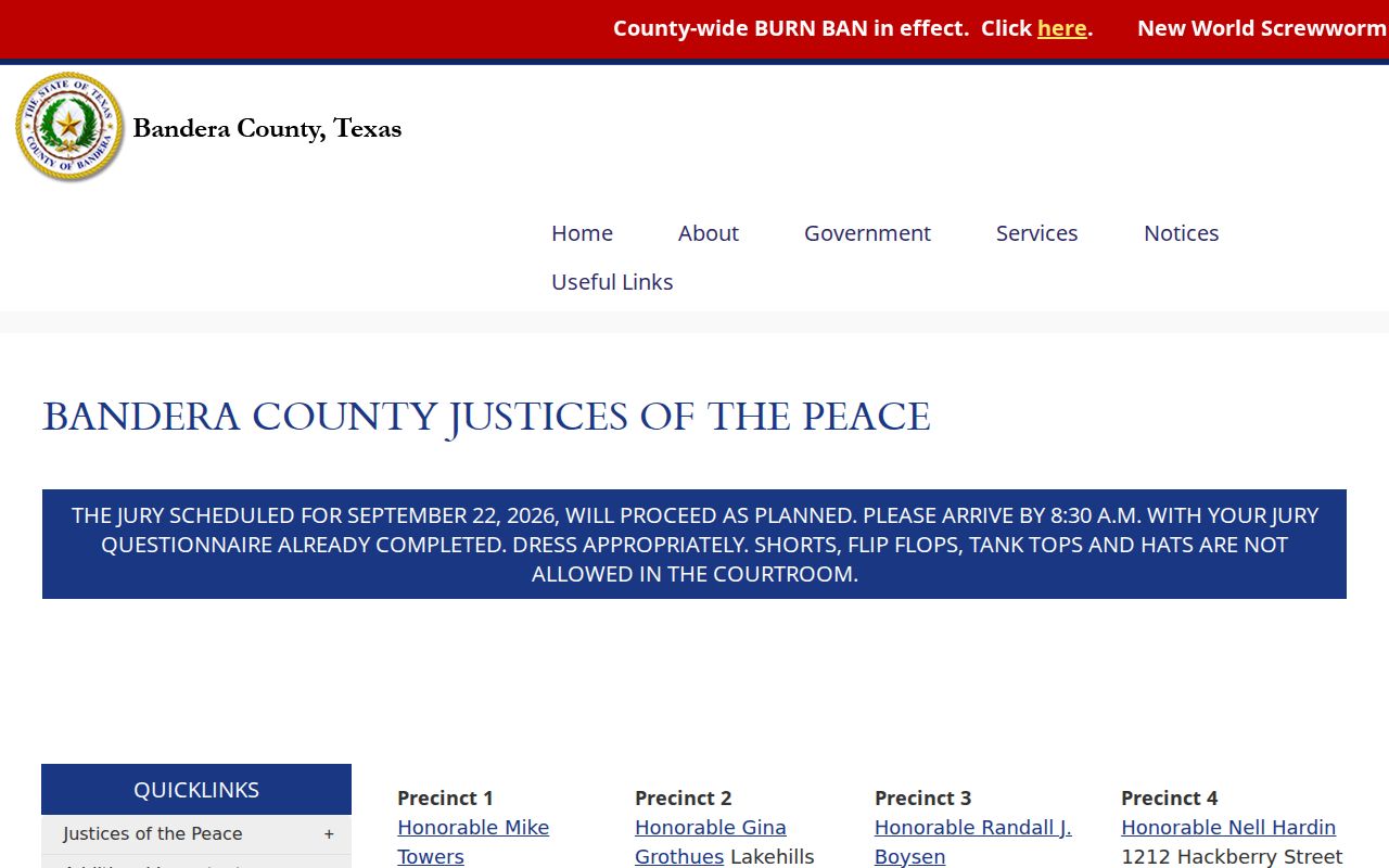 Bandera County directory showing its four separate Justice Court precincts