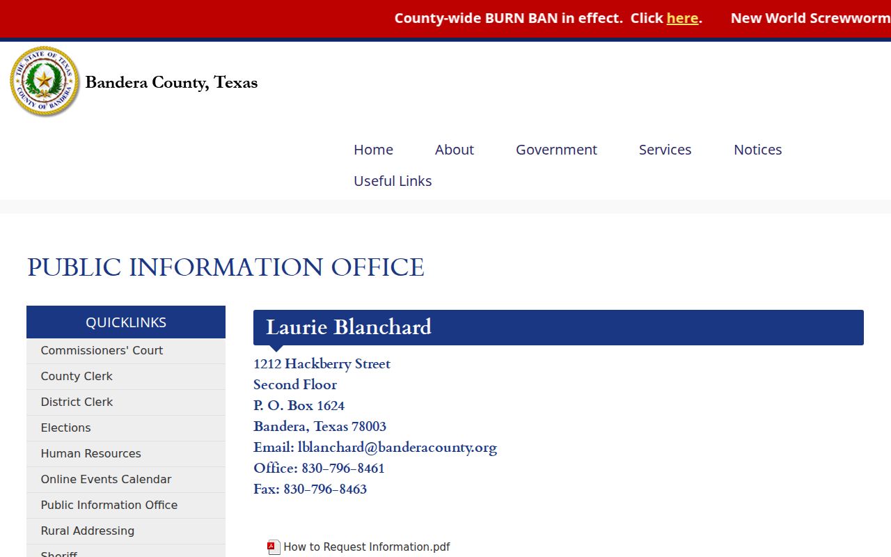 Bandera County Public Information Office page with contact details for written record requests