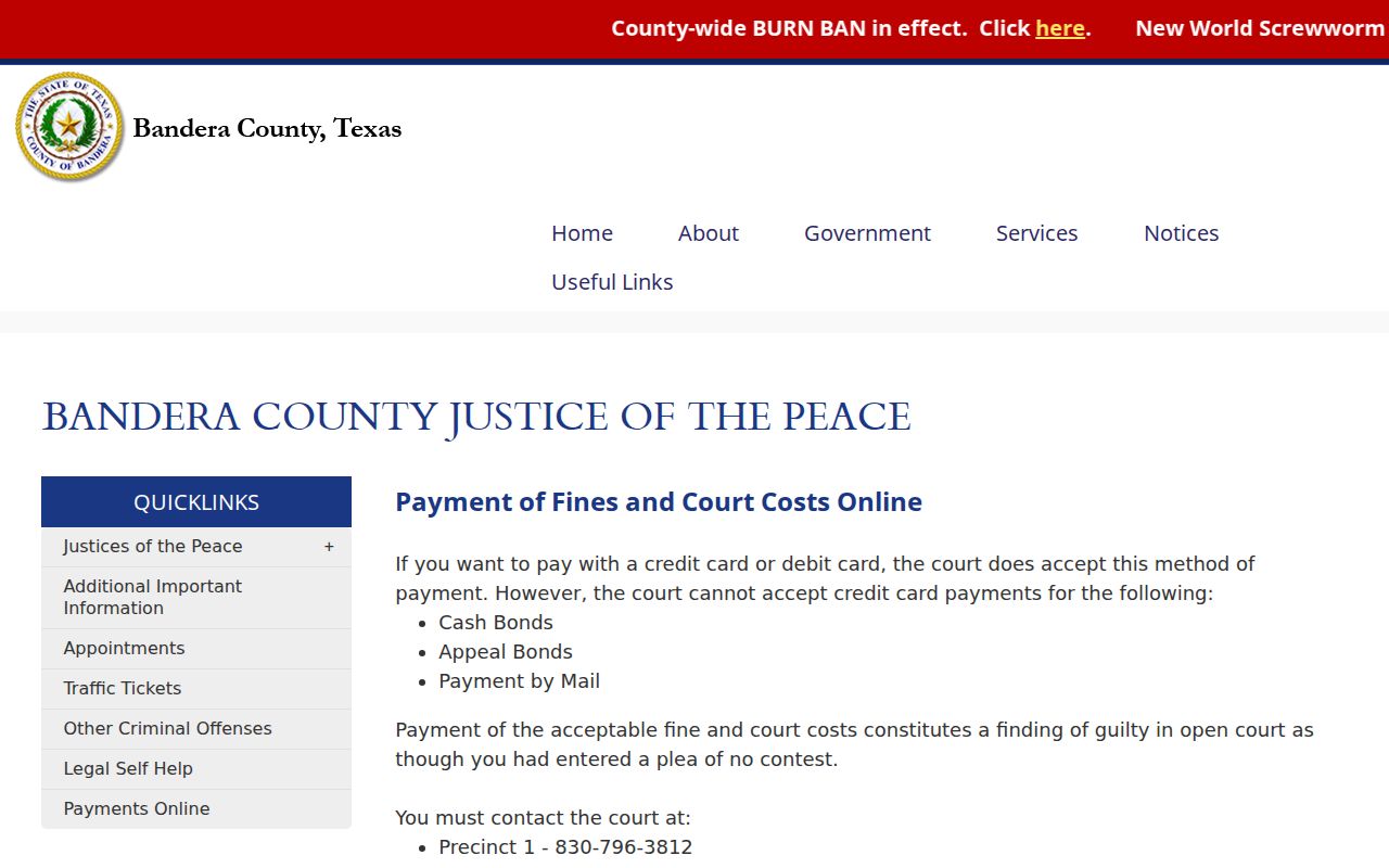 Bandera County Justice Court payment page with four official precinct payment links