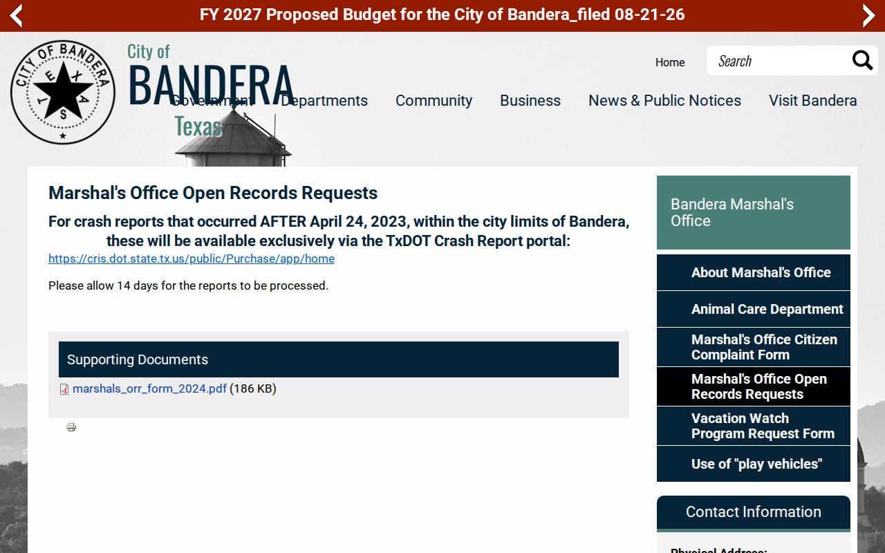 Bandera Marshal's Office open-records request form and instructions