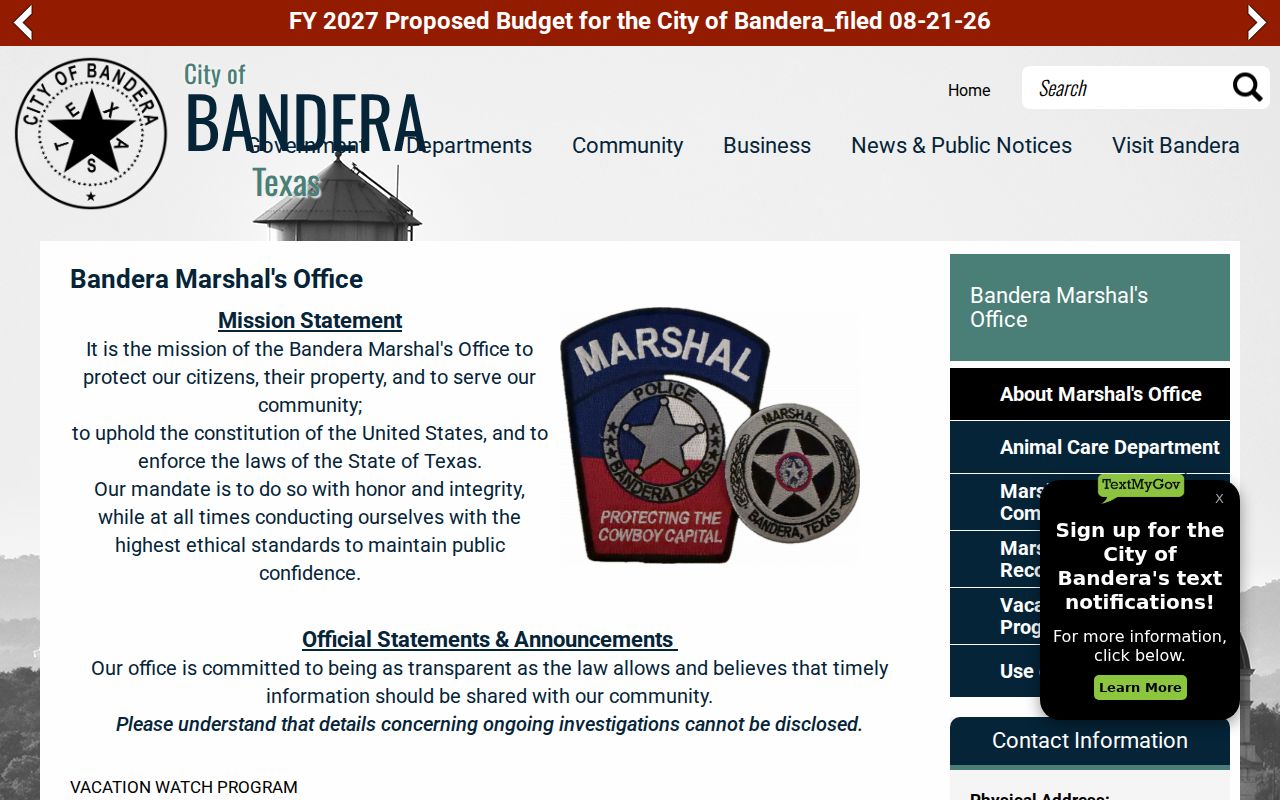 Bandera Marshal's Office mission and city enforcement contact information