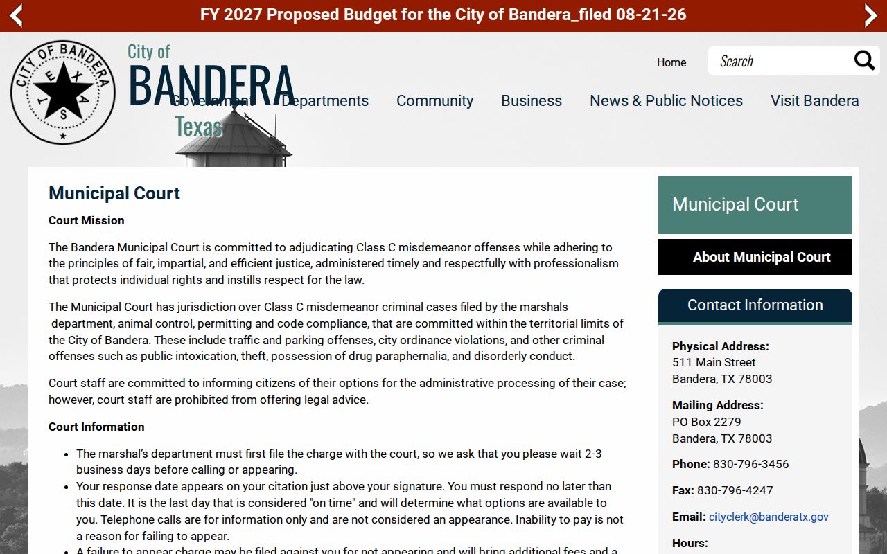 Bandera Municipal Court jurisdiction and citation response instructions