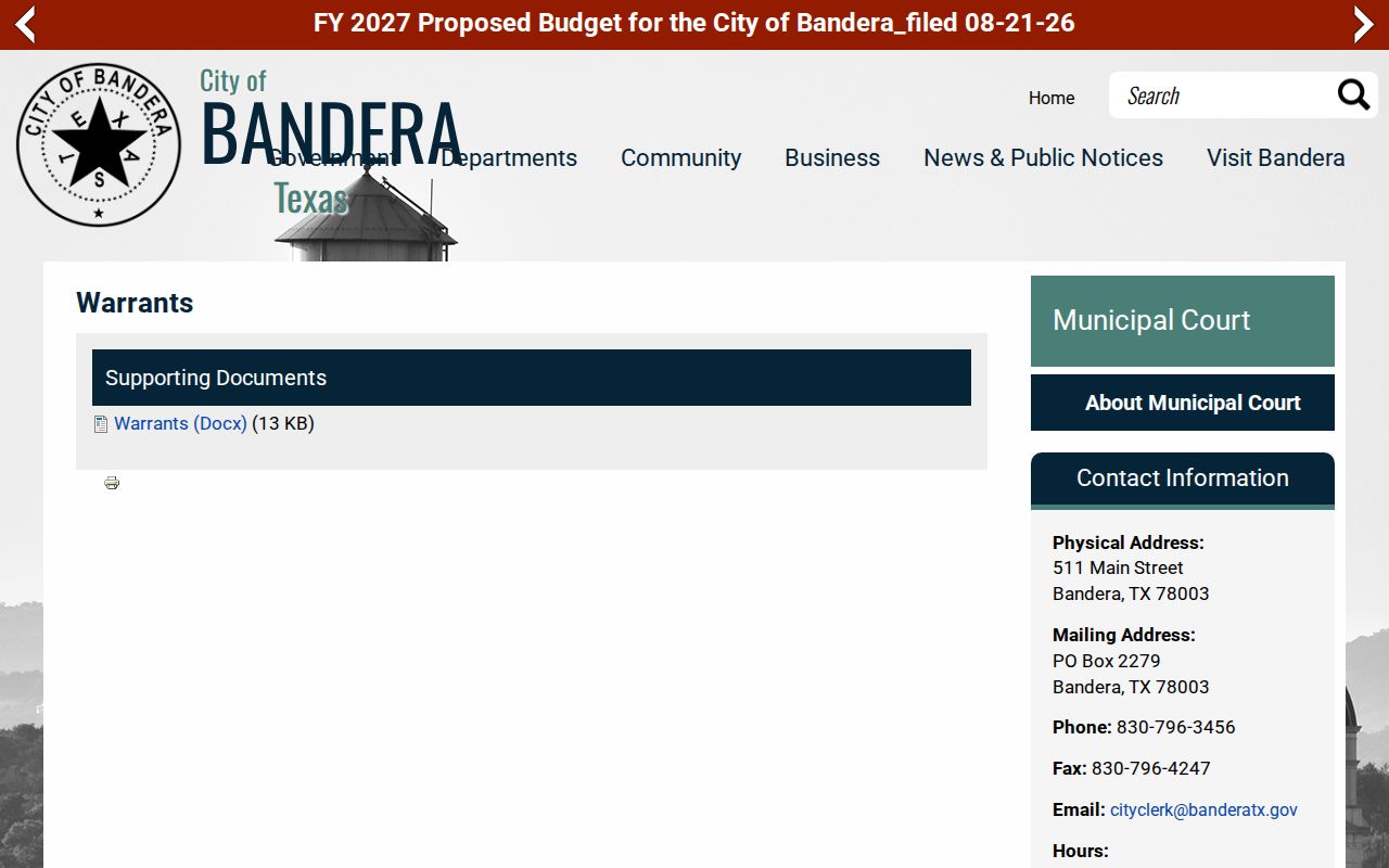 Bandera Municipal Court warrant contact page, with no public name-search results