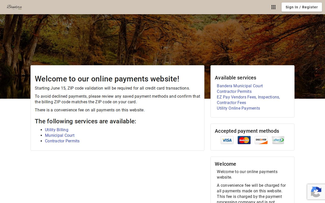 Tyler payment page identifying Bandera Municipal Court and a convenience fee