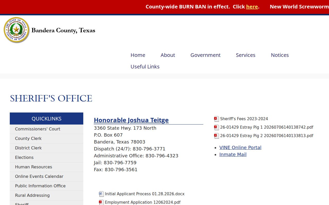 Bandera County Sheriff's Office contact page with dispatch, administrative, and jail phone lines